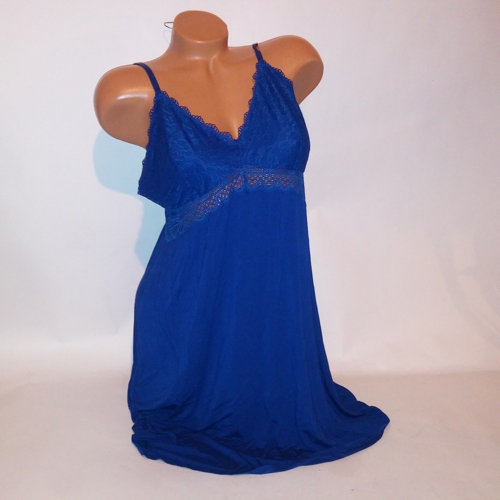 Soma Sleepwear Chemise Slip Gown Lage Blue Solid Lace Trim Wireless